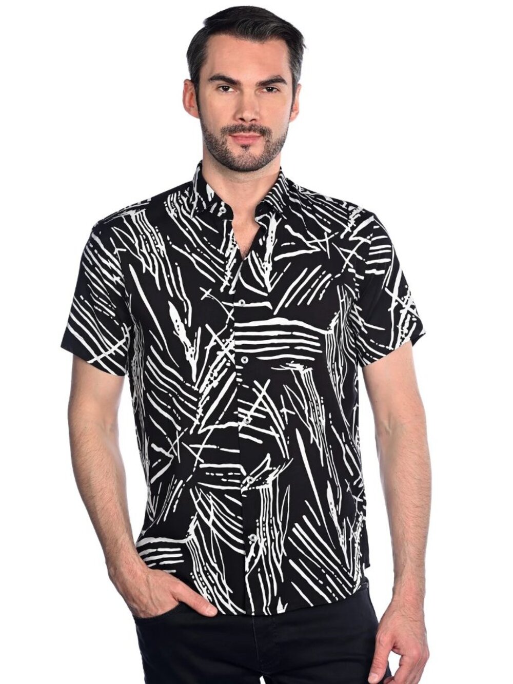 Mizumi Black With White Abstract Line Print Short Sleeve Button Up Shirt/4339